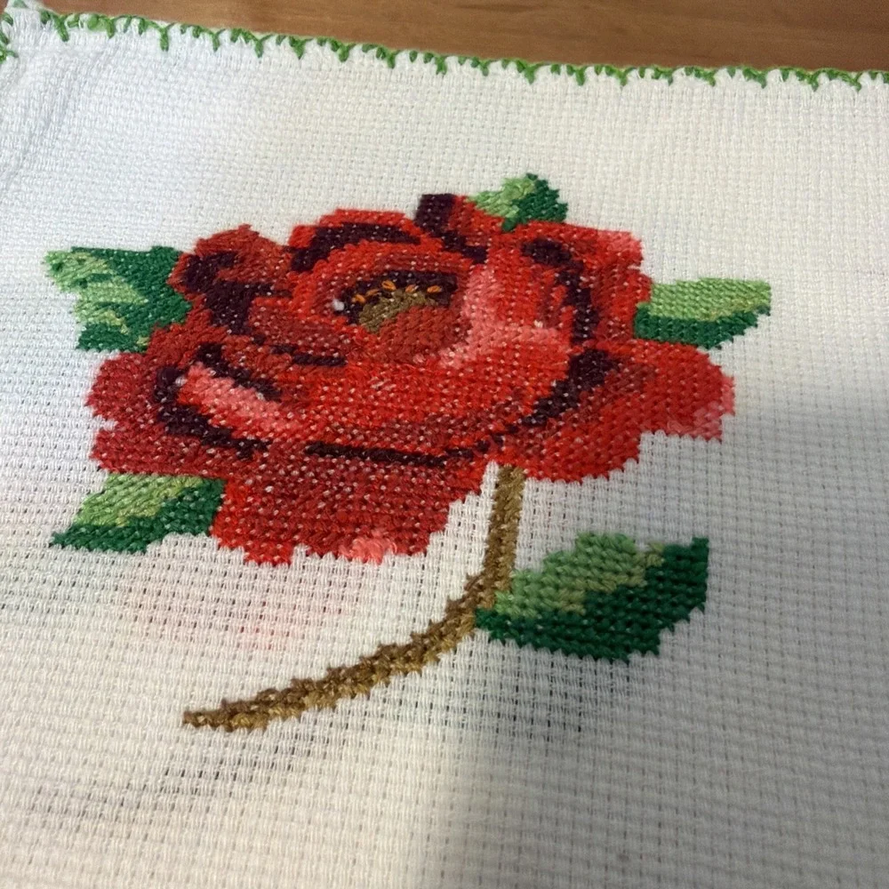 Vintage Set 6 Placemats‎ & Napkins Cross Stitch Pink Rose Handmade Never Used